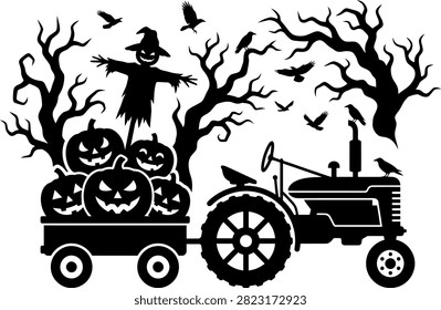 Halloween Scene With Scarecrow Pumpkins Tractor And Birds Black Silhouette