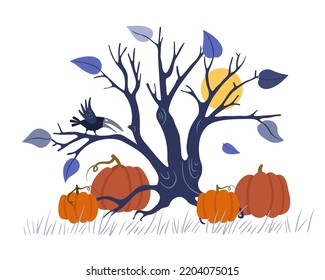 Halloween scene. Scary tree with branches, a crow, moon and pumpkins isolated on a white background. Vector flat illustration.