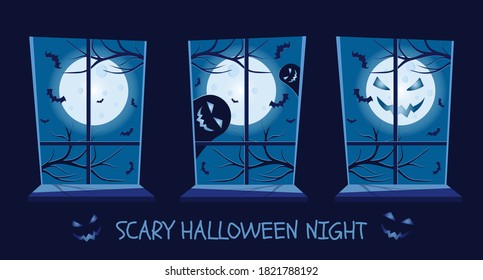 Halloween scene set. View from window. Scary night. Vector illustration