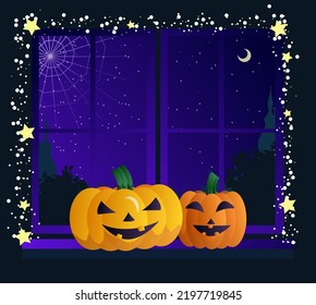 Halloween scene set. View from window. Scary night. Vector illustration