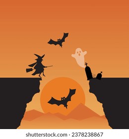 Halloween scene at sunset with witch, bats, ghosts and cemetery
