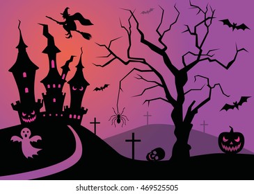 Halloween scene with tree and castle. Vector background for Halloween.