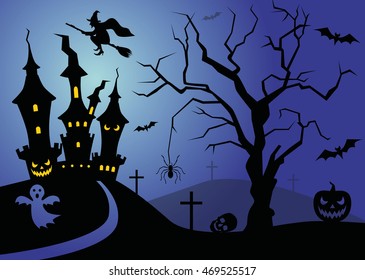 Halloween scene with tree and castle. Vector background for Halloween.