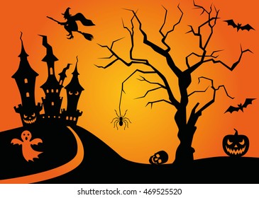 Halloween scene with tree and castle. Vector background for Halloween.