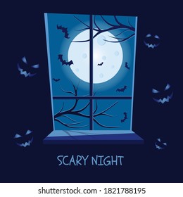 Halloween scene. View from window. Scary night. Vector illustration