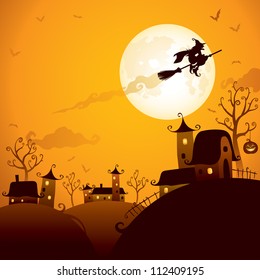 Halloween Scene: Witch Flying Over The Moon