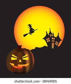 halloween scene of a witch and a haunted house