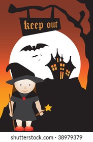 halloween scene of a witch and a haunted house