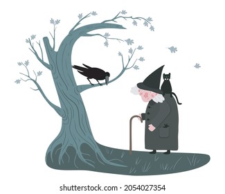 Halloween scene with witch, tree and raven. Cute witch in a black cloak and hat with a black cat and a stick. Vector flat illustration.