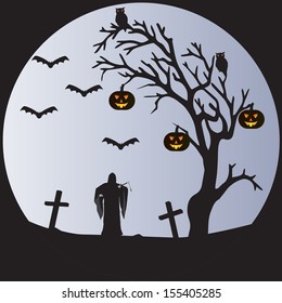 A Halloween Scene of a Withered tree,Bats,Pumpkins,Owls, a Graveyard and the Grim Reaper in front of a pale moon