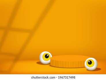 Halloween scene. Yellow background decorated with stage podium, staircase shadow, eyeballs. Pedestal scene with for product base, advertising, show. Vector illustration.
