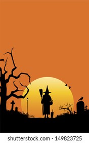 Halloween scenery background with witch and cat walking back from work, vector