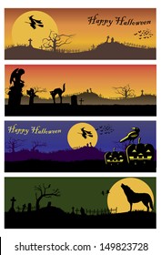 Halloween scenery background with witch and cat walking back from work, vector