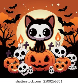 Halloween scenery cartoon characters pumpkin cat skull