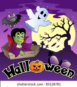 Halloween scenery with sign 3 - vector illustration.
