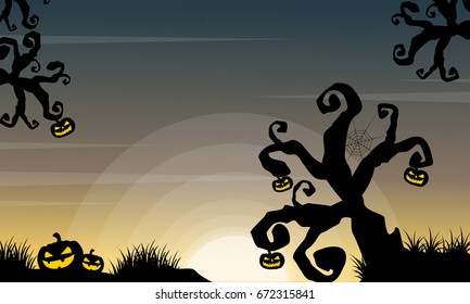Halloween scenery with tree and pumpkin
