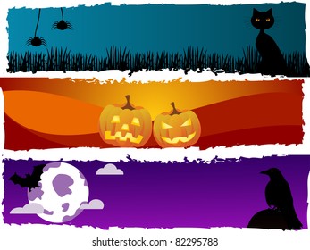 Halloween scenes or banners: three versions depicting black cat and spiders, pumpkins and crow on gravestone with full moon and bats, all with grunge border