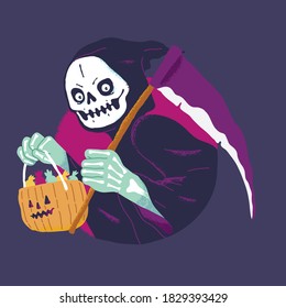 Halloween scenes with fun grim reaper holding pumpkin candy in illustration flat colorful vector