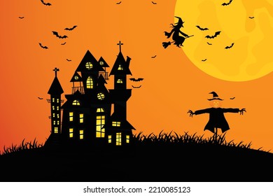 Halloween scenes with the silhouette of a castle a glowing moon and dead trees illustration.