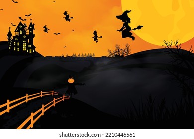 Halloween scenes with the silhouette of a castle a glowing moon and dead trees illustration.