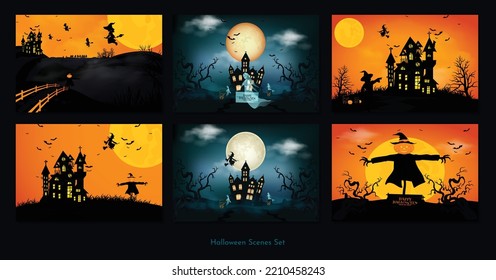 Halloween scenes and the silhouette castle glowing moon   dead trees illustration 