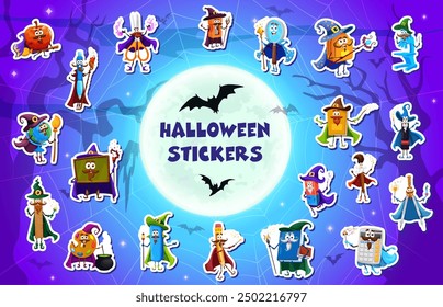 Halloween school characters stickers pack of stationery witch, wizard, fairy and mage, vector Halloween holiday. Cartoon magic personages of cute book, pencil, bag and pen, Halloween school supplies