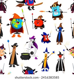 Halloween school stationery characters seamless pattern. Vector tile background with globe, apple, textbook or notebook. Microscope, sharpener, pen and pencil, compass or backpack wizard personages