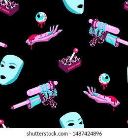 Halloween, sci-fi, cosmic, outer space vector wallpaper. Monster masks, bloody hands and eyeballs, fantasy weapons seamless pattern. Dark background.