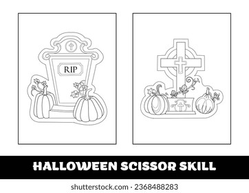 Halloween scissor skill for kids. Halloween scissor skill education coloring page for preschool kids..