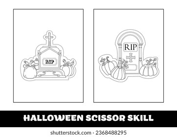 Halloween scissor skill for kids. Halloween scissor skill education coloring page for preschool kids..