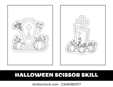 Halloween scissor skill for kids. Halloween scissor skill education coloring page for preschool kids..