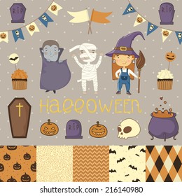  Halloween scrapbook set.  Witch, dracula, mummy. Various elements for your festive design - patterns, stickers, etc. eps 10