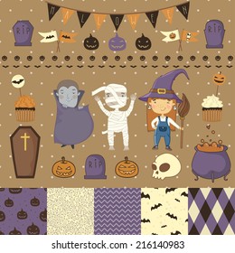  Halloween scrapbook set.  Witch, dracula, mummy. Various elements for your festive design - patterns, stickers, etc. eps 10