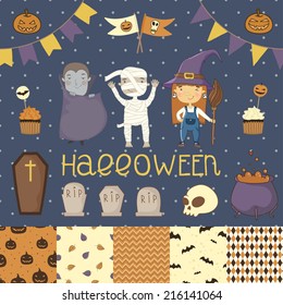  Halloween scrapbook set.  Witch, dracula, mummy. Various elements for your festive design - patterns flozhki, stickers, etc. eps 10