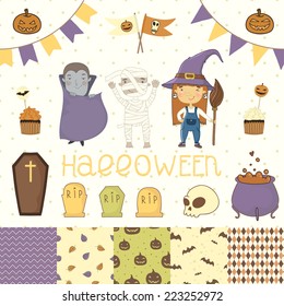 Halloween scrapbook set. Witch, dracula, mummy. Various elements for your festive design - patterns flozhki, stickers, etc. eps 10