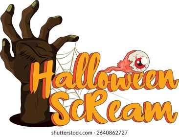 Halloween Scream Font With Zombie Hand, Eyeball, Spider Web Vector