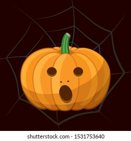 Halloween Screaming Scared Pumpkin Template Autumn Holidays Creative Concept - Orange on Spider Web Background - Vector Flat Graphic Design