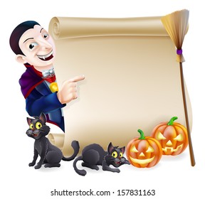 Halloween scroll or banner sign with orange carved Halloween pumpkins and black witch's cats, witch's broom stick and cartoon Dracula vampire character