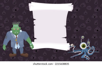 halloween scroll poster with frankenstein and octopus. cartoon image vector