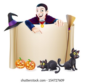A Halloween scroll sign with a Dracula vampire character above the banner, pumpkins and witch's cats, hat and broomstick