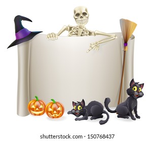 A Halloween scroll sign with a skeleton character above the banner and pumpkins and witch's cats, hat and broomstick