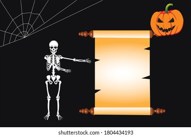 A Halloween scroll sign with a skeleton character, banner, invitation, party, cobweb, spider web and pumpkin