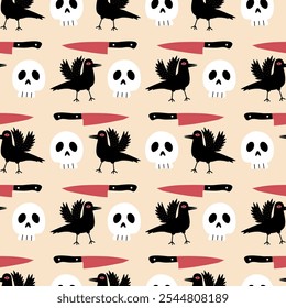 Halloween scull, black raven and knife hand drawn vector illustration.  Spooky character seamless pattern for kids wallpaper or fabric.