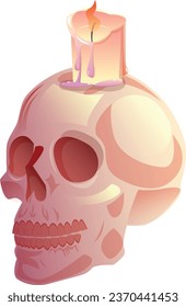 Halloween Scull with candle on top cartoon vector illustration. Day of the dead. Dia de los muertos. Death symbol. Skull skeleton for pirate, archaeological, magic, alchemy, game, web design