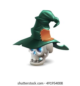 Halloween scull with cartoon hat isolated on white background. Vector illustration.