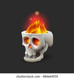 Halloween scull with flame isolated on dark background. Vector illustration.
