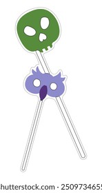 Halloween scull and owl masks on a stick sticker. Color flat vector illustration.