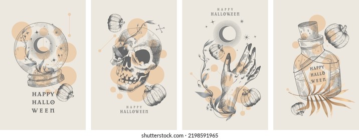 Halloween. Scull. Zombie hand. Elixir. Set of vector hand drawn illustrations. Tattoos, engraving style.