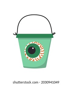 Halloween sea pail with eyeball, candies, sweets, candy corn, jelly beans and bonbons. Trick or treat green bucket with ghost isolated vector stock illustration EPS 10 on white background.