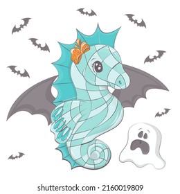 Halloween seahorse with a ghost. Vector illustration of Halloween sea animal. Cute little illustration Halloween horse for kids, fairy tales, covers, baby shower, textile t-shirt, baby book.